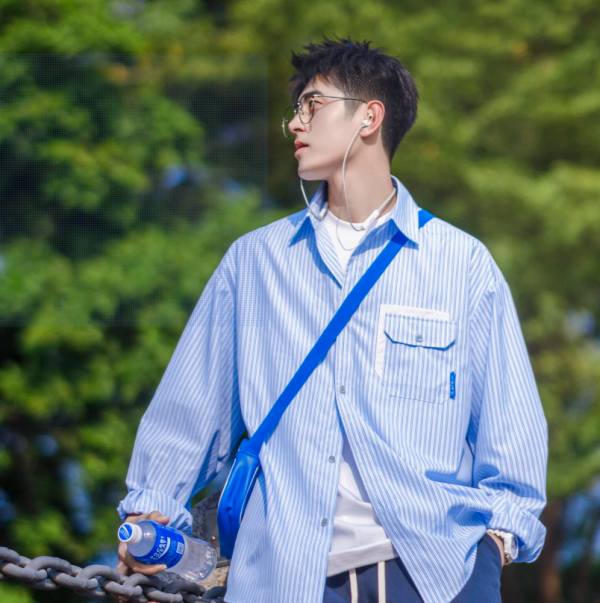 PD大人文艺风条纹衬衫男春秋款宽松日系拼接撞色口袋竖条长袖衬衣