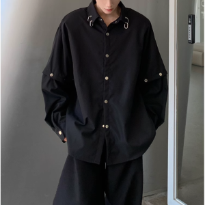 黑色垫肩衬衫男潮牌痞帅炸街可拆卸长袖衬衣廓形高级感发型师男装