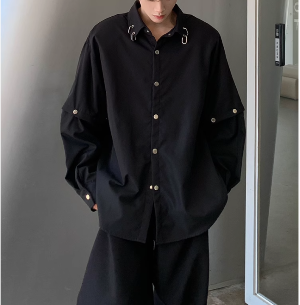 黑色垫肩衬衫男潮牌痞帅炸街可拆卸长袖衬衣廓形高级感发型师男装