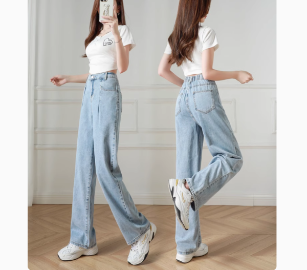 松紧腰直筒牛仔裤女2025年春夏薄款高腰宽松显瘦大码胖mm阔腿裤子